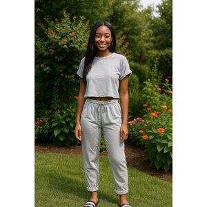 Womens Light Gray Casual Set Short Sleeve Top & Elastic Waist Drawstring Pant XL